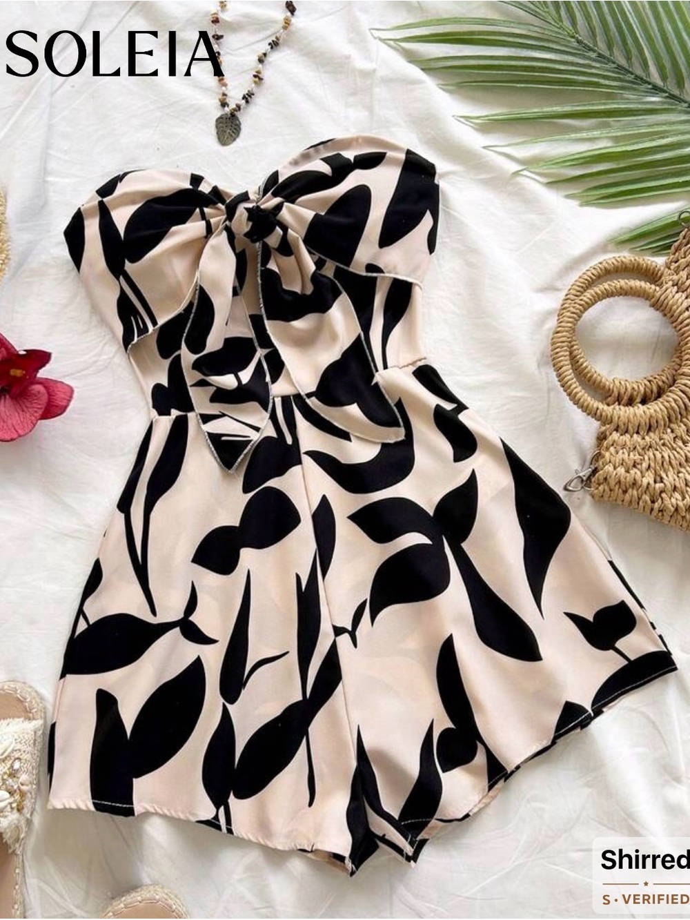 Black & Cream Strapless Tie-Front Romper